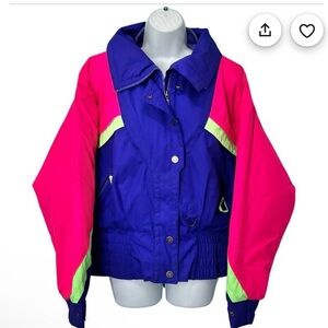 Vintage 80s Neon Purple Green Pink Black Bear Ski Jacket Size medium  Colorblock